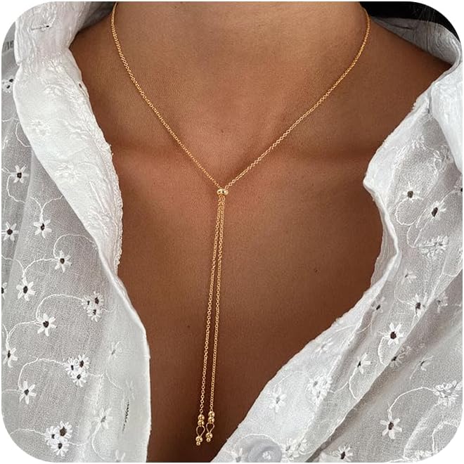Treasure Bender Lariat Gold Necklace for Women Dainty Long 14K Gold Plated Y-Shaped Body Chain Choker Necklace Trendy Non Tarnish Pendant Simple Layered Necklaces Gold Jewelry for Women Set Gift - Image 1